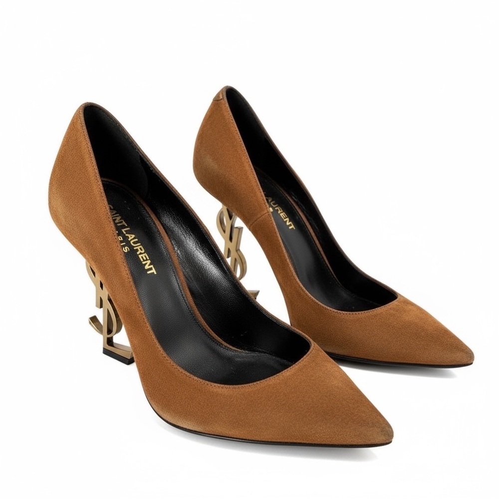 Saint Laurent Opyum Tan Suede Heels with Gold Logo
